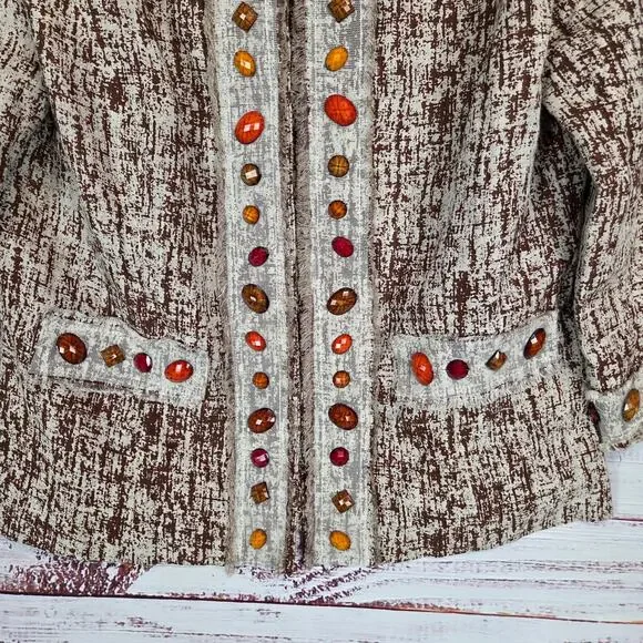 Just B Linen Fringe Blazer L Bohemian Jewel Beaded Mesh Lace Snap Closure Jacket - Picture 5 of 11